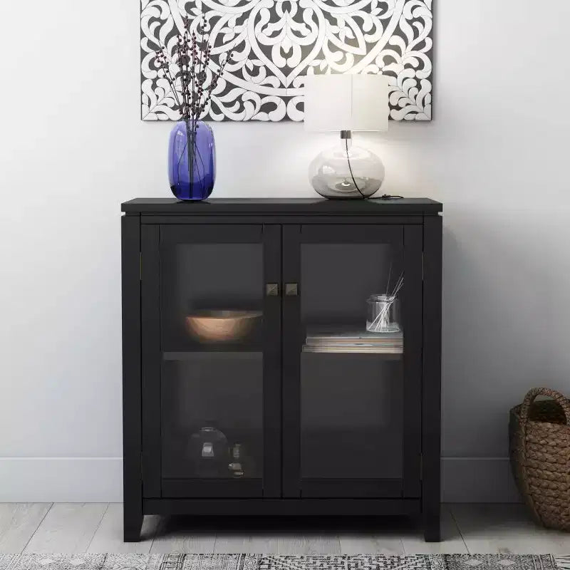 30" Essex Low Storage Cabinet Black - WyndenHall: Modern Style, Adjustable Shelves, Glass Doors