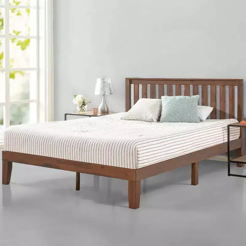 Vivek Wood Platform Bed with Headboard Antique Wood - Zinus