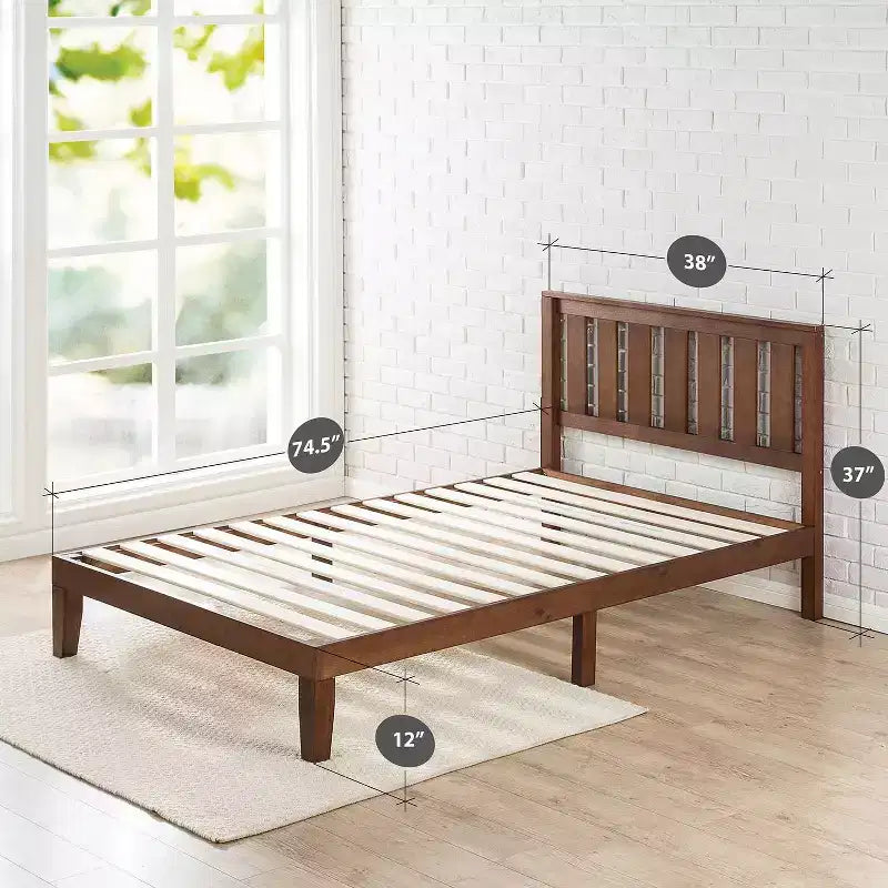 Vivek Wood Platform Bed with Headboard Antique Wood - Zinus