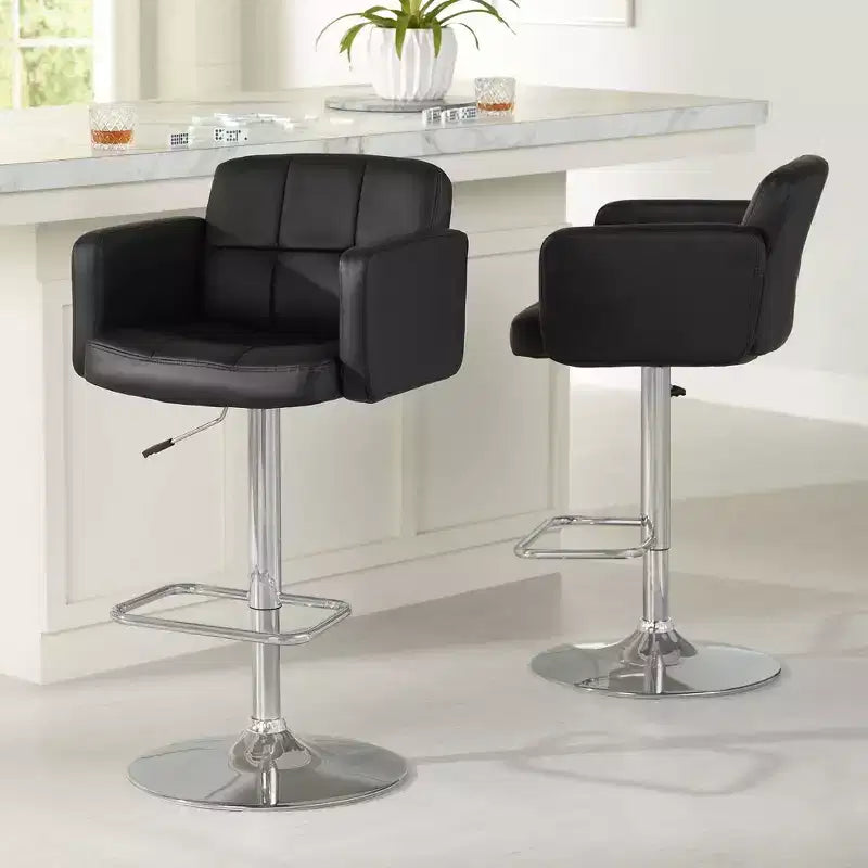 Studio 55D Trek Chrome Swivel Bar Stools Set of 2 Silver 32 3/4 High Modern Black Faux Leather Cushion Adjustable for Kitchen Counter Height Island