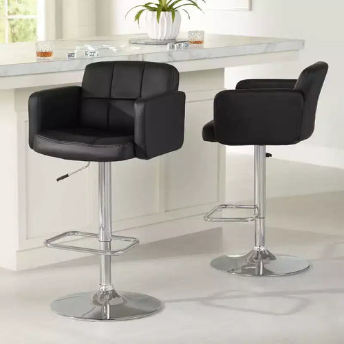 Studio 55D Trek Chrome Swivel Bar Stools Set of 2 Silver 32 3/4 High Modern Black Faux Leather Cushion Adjustable for Kitchen Counter Height Island