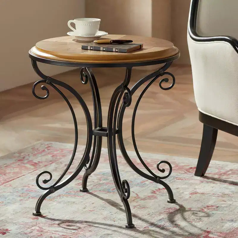 Kensington Hill Farmhouse Rustic Traditional Wood Black Iron Round Accent Table 22 1/4 x 22 Gold Brushed Scrollwork Legs for Spaces Living Room