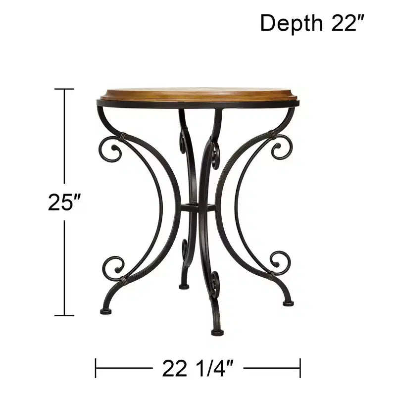 Kensington Hill Farmhouse Rustic Traditional Wood Black Iron Round Accent Table 22 1/4 x 22 Gold Brushed Scrollwork Legs for Spaces Living Room