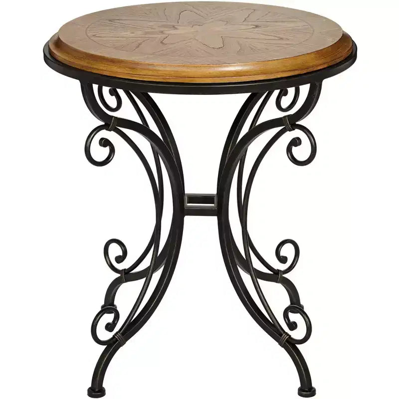 Kensington Hill Farmhouse Rustic Traditional Wood Black Iron Round Accent Table 22 1/4 x 22 Gold Brushed Scrollwork Legs for Spaces Living Room