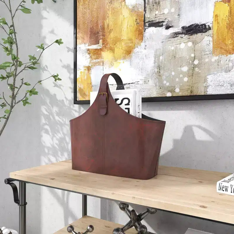 14 x 16 Traditional Leather Magazine Holder with Belt Strap Handle - Olivia & May