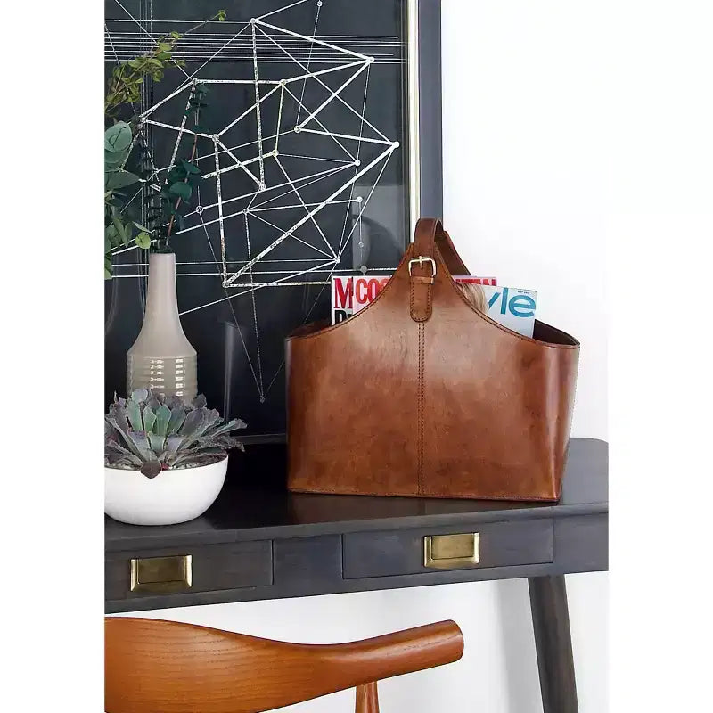 14 x 16 Traditional Leather Magazine Holder with Belt Strap Handle - Olivia & May