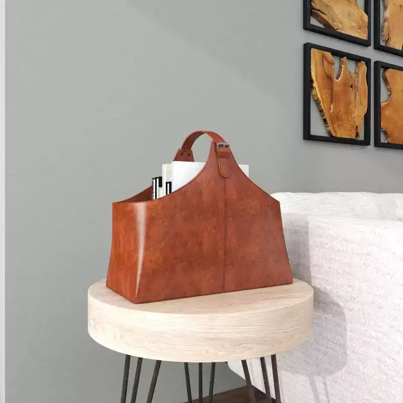 14 x 16 Traditional Leather Magazine Holder with Belt Strap Handle - Olivia & May