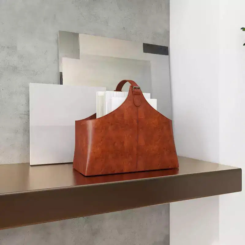 14 x 16 Traditional Leather Magazine Holder with Belt Strap Handle - Olivia & May
