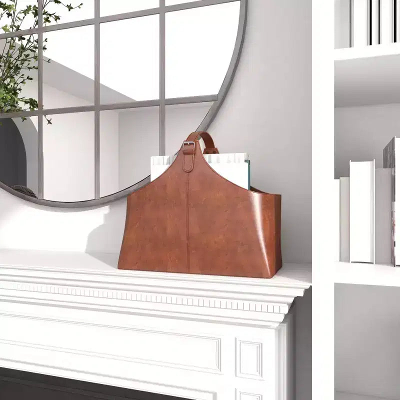14 x 16 Traditional Leather Magazine Holder with Belt Strap Handle - Olivia & May