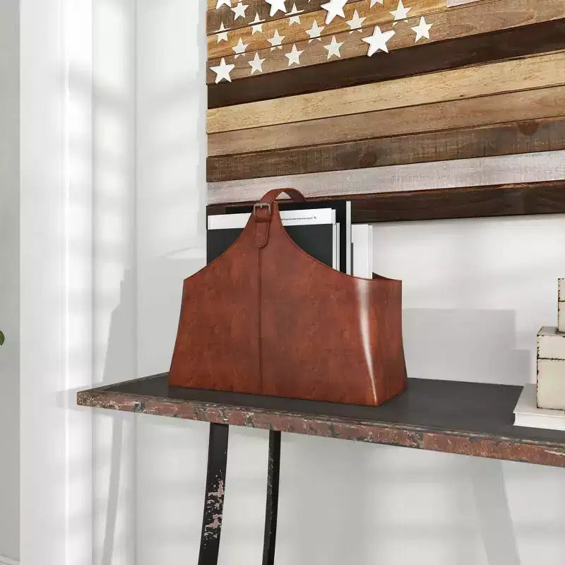 14 x 16 Traditional Leather Magazine Holder with Belt Strap Handle - Olivia & May