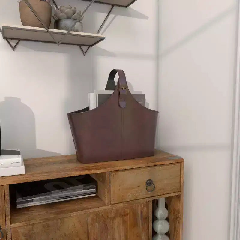 14 x 16 Traditional Leather Magazine Holder with Belt Strap Handle - Olivia & May