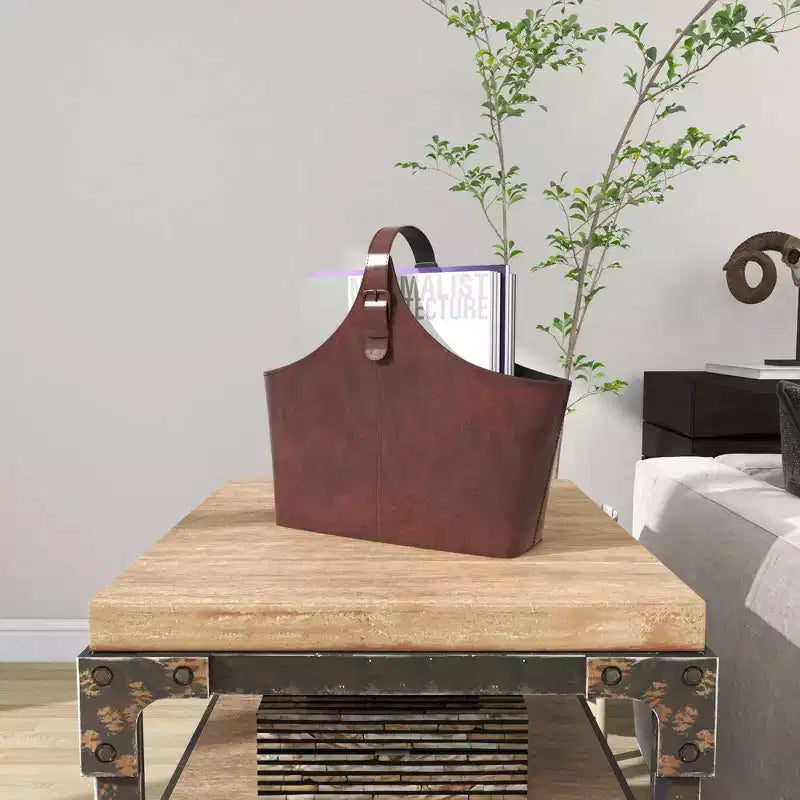 14 x 16 Traditional Leather Magazine Holder with Belt Strap Handle - Olivia & May