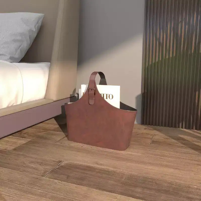 14 x 16 Traditional Leather Magazine Holder with Belt Strap Handle - Olivia & May