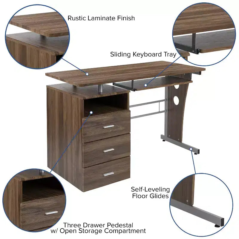 Emma and Oliver Desk with Three Drawer Single Pedestal and Pull-Out Keyboard Tray