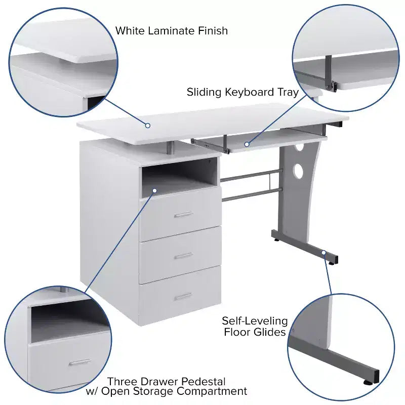 Emma and Oliver Desk with Three Drawer Single Pedestal and Pull-Out Keyboard Tray