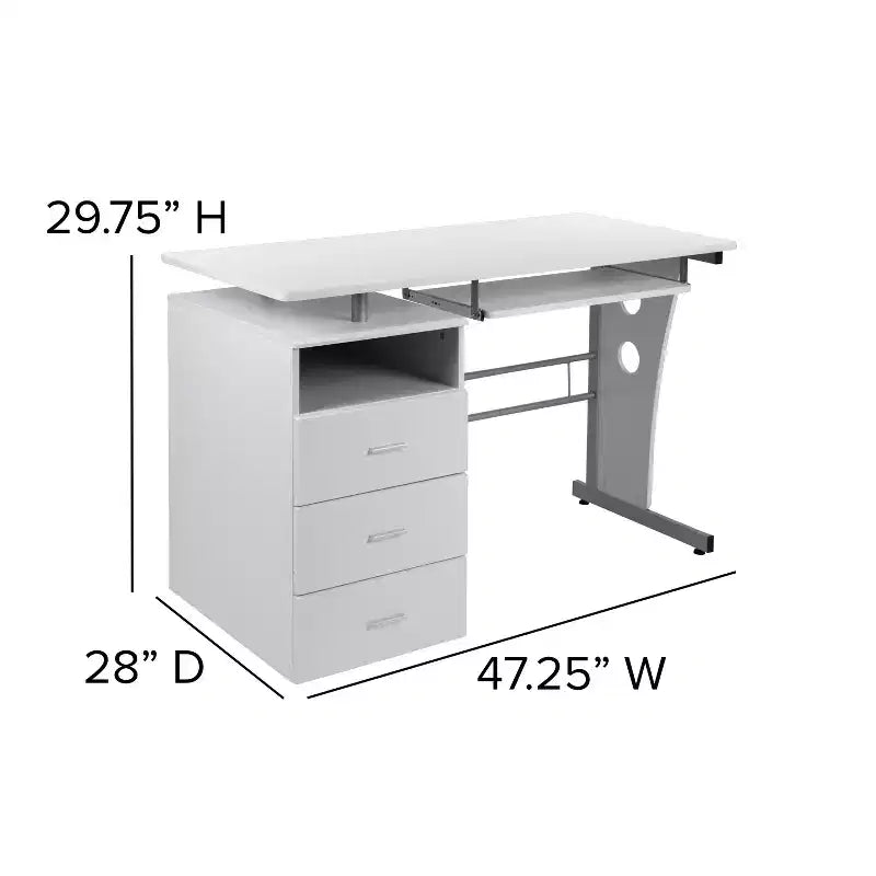 Emma and Oliver Desk with Three Drawer Single Pedestal and Pull-Out Keyboard Tray