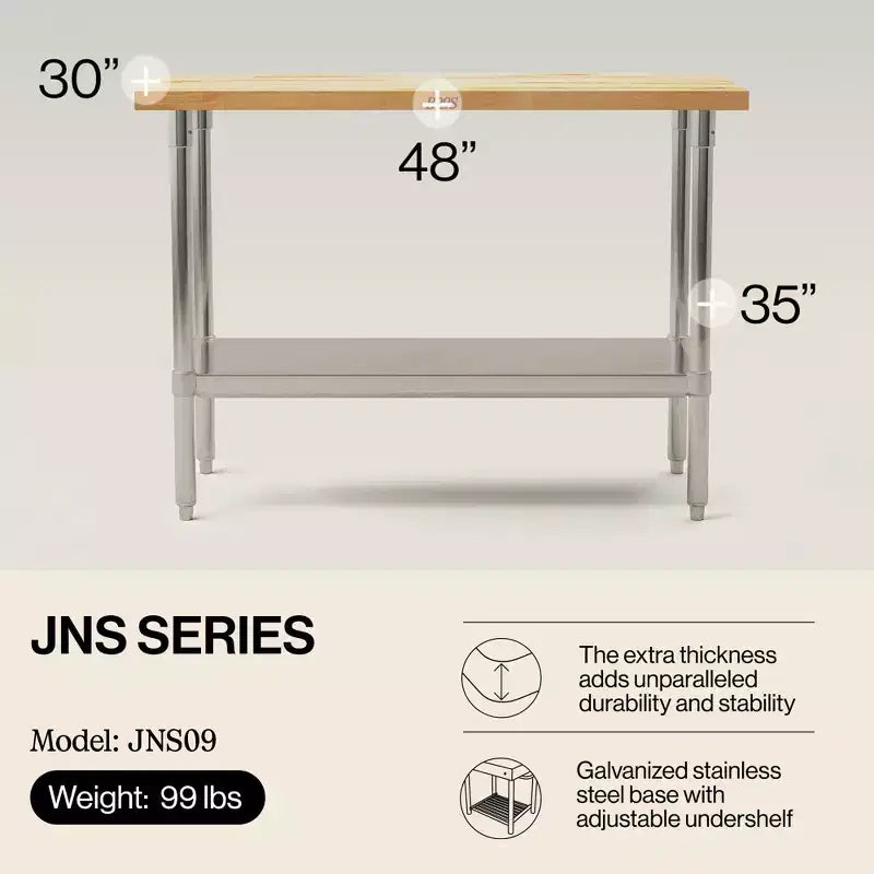 John Boos Maple Wood Top Work Table with Adjustable Lower Shelf, 48 x 30 x 1.5