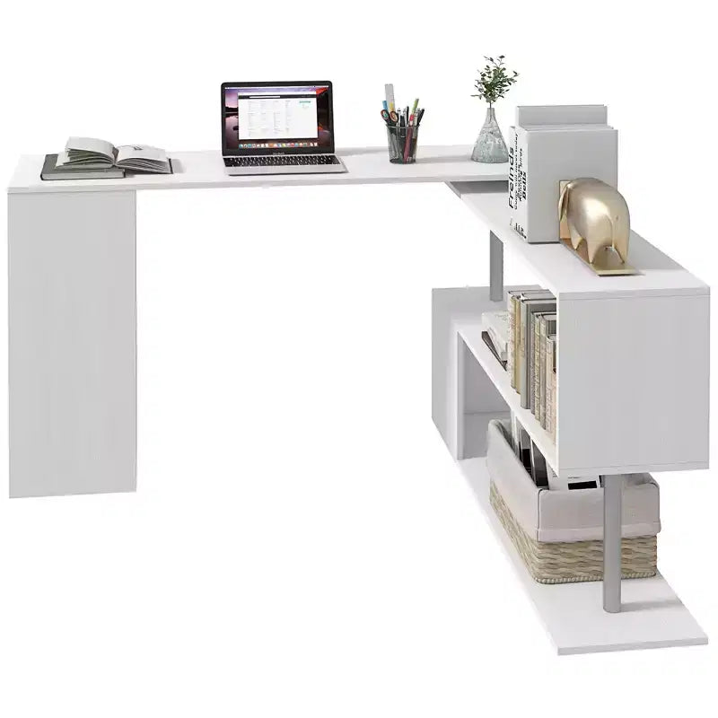 HOMCOM 55 360 Rotating Corner Computer Desk Modern L-Shaped Home Office Workstation with 3-Tier Storage Shelves, Bookshelf