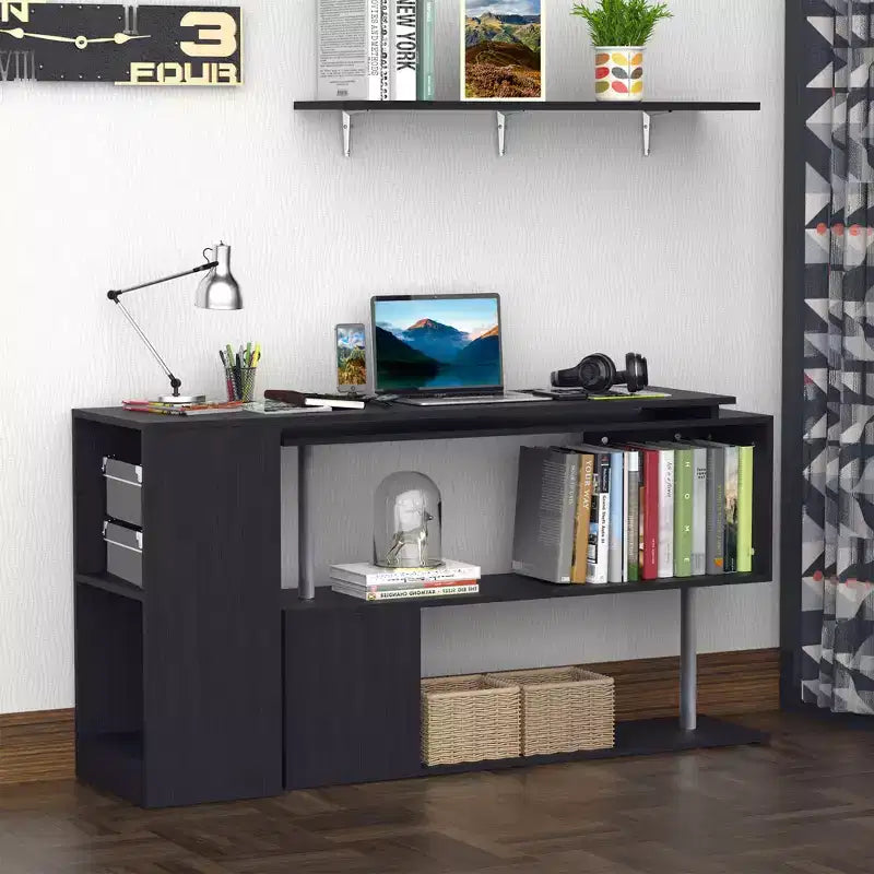 HOMCOM 55 360 Rotating Corner Computer Desk Modern L-Shaped Home Office Workstation with 3-Tier Storage Shelves, Bookshelf