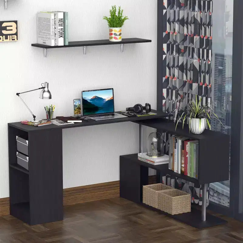 HOMCOM 55 360 Rotating Corner Computer Desk Modern L-Shaped Home Office Workstation with 3-Tier Storage Shelves, Bookshelf
