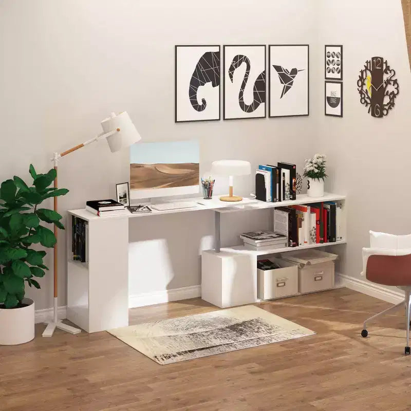 HOMCOM 55 360 Rotating Corner Computer Desk Modern L-Shaped Home Office Workstation with 3-Tier Storage Shelves, Bookshelf