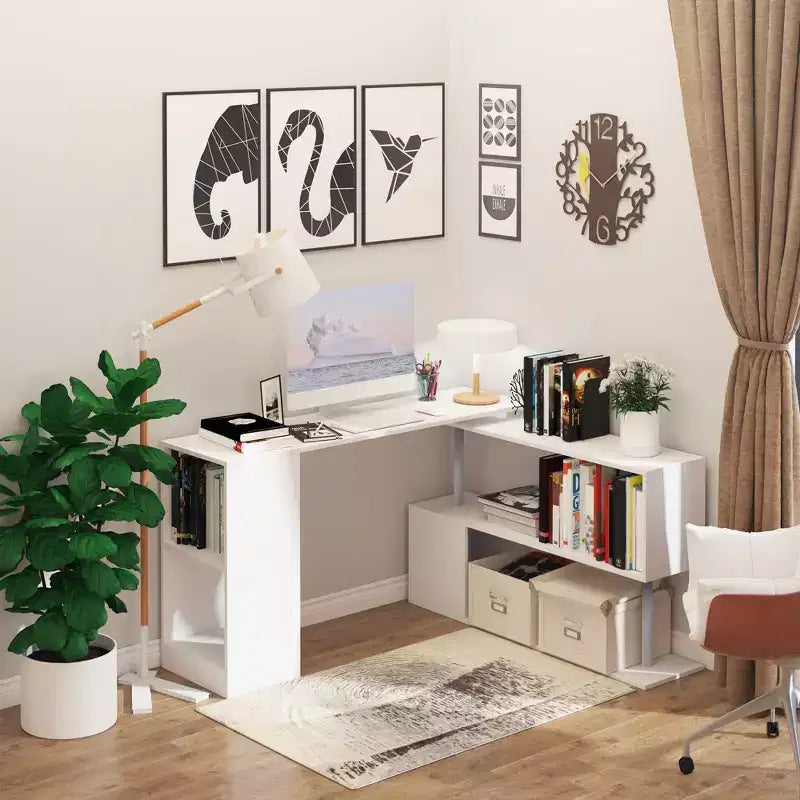 HOMCOM 55 360 Rotating Corner Computer Desk Modern L-Shaped Home Office Workstation with 3-Tier Storage Shelves, Bookshelf