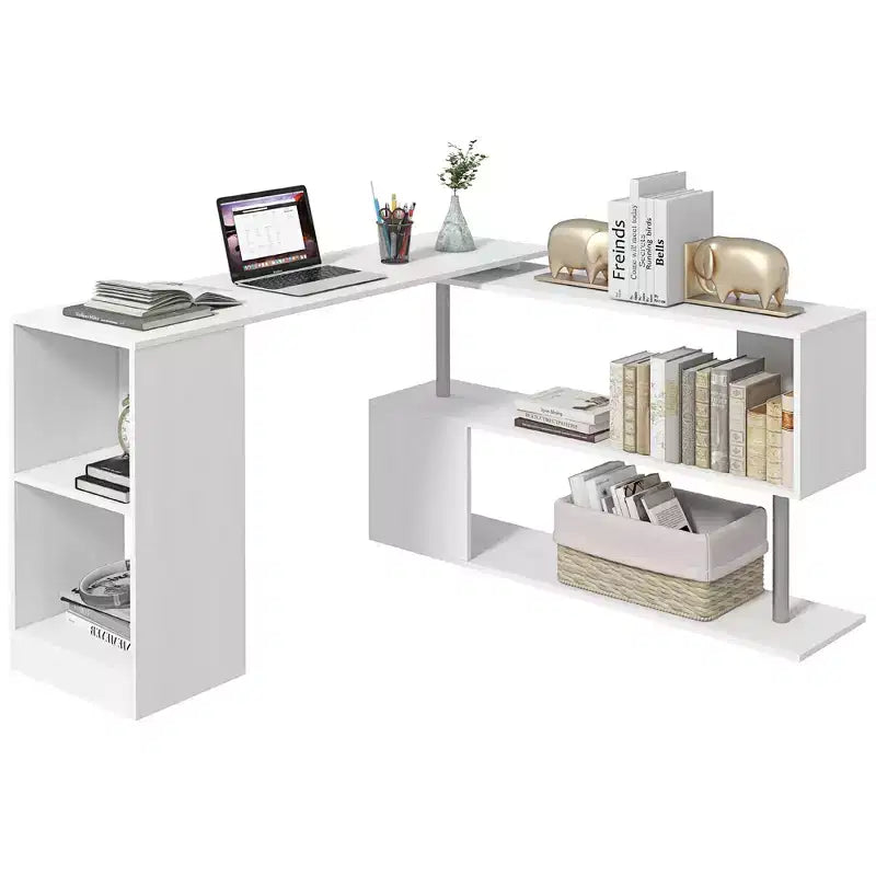 HOMCOM 55 360 Rotating Corner Computer Desk Modern L-Shaped Home Office Workstation with 3-Tier Storage Shelves, Bookshelf