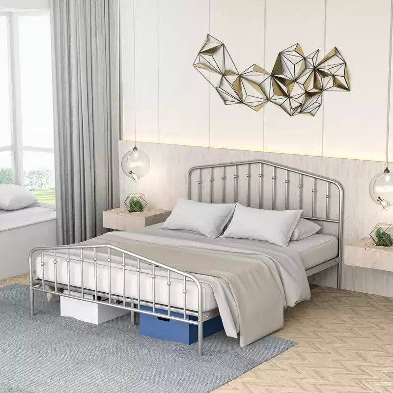 Costway Queen Size Metal Bed Frame Platform Headboard & Footboard W/Storage Sliver