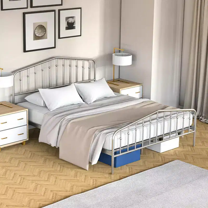 Costway Queen Size Metal Bed Frame Platform Headboard & Footboard W/Storage Sliver