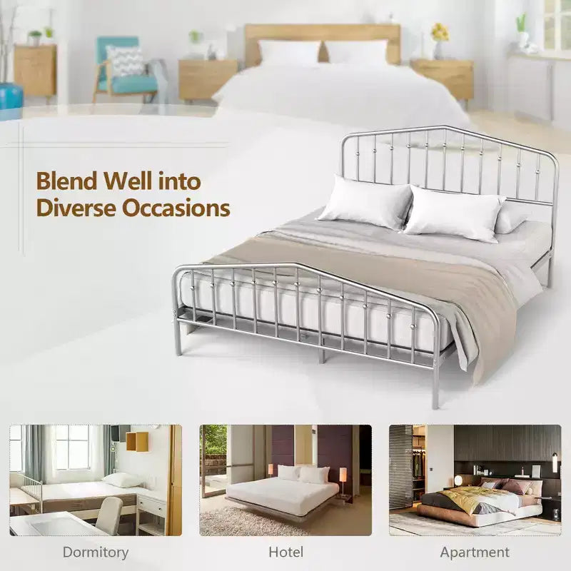 Costway Queen Size Metal Bed Frame Platform Headboard & Footboard W/Storage Sliver