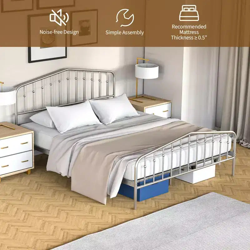 Costway Queen Size Metal Bed Frame Platform Headboard & Footboard W/Storage Sliver