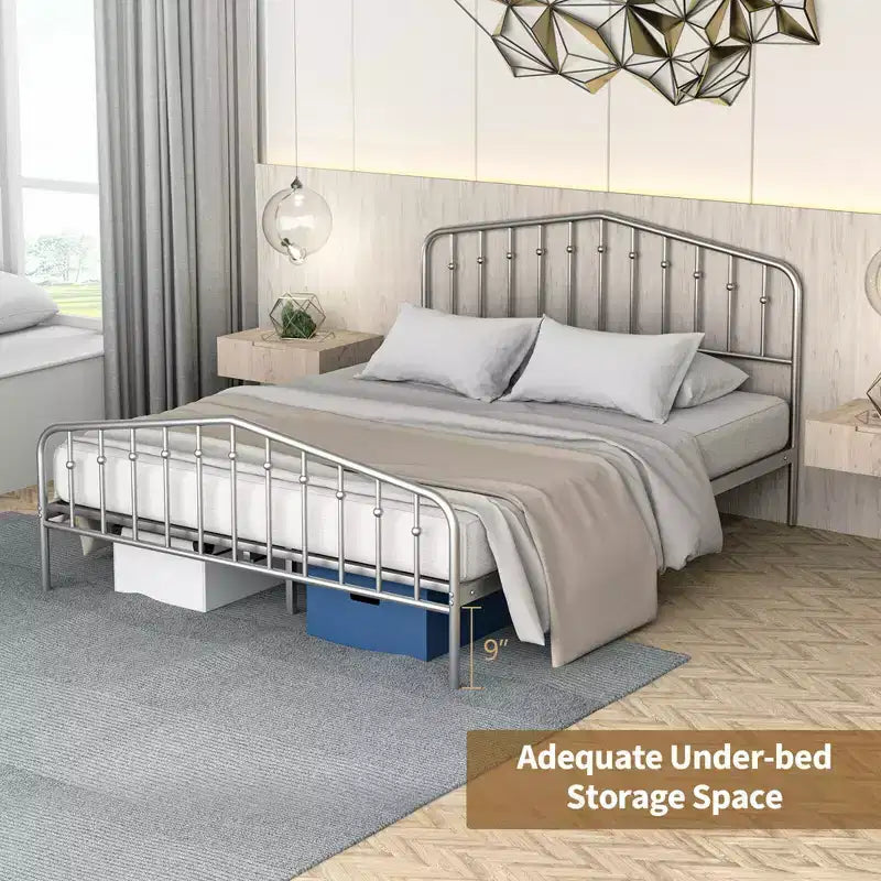 Costway Queen Size Metal Bed Frame Platform Headboard & Footboard W/Storage Sliver