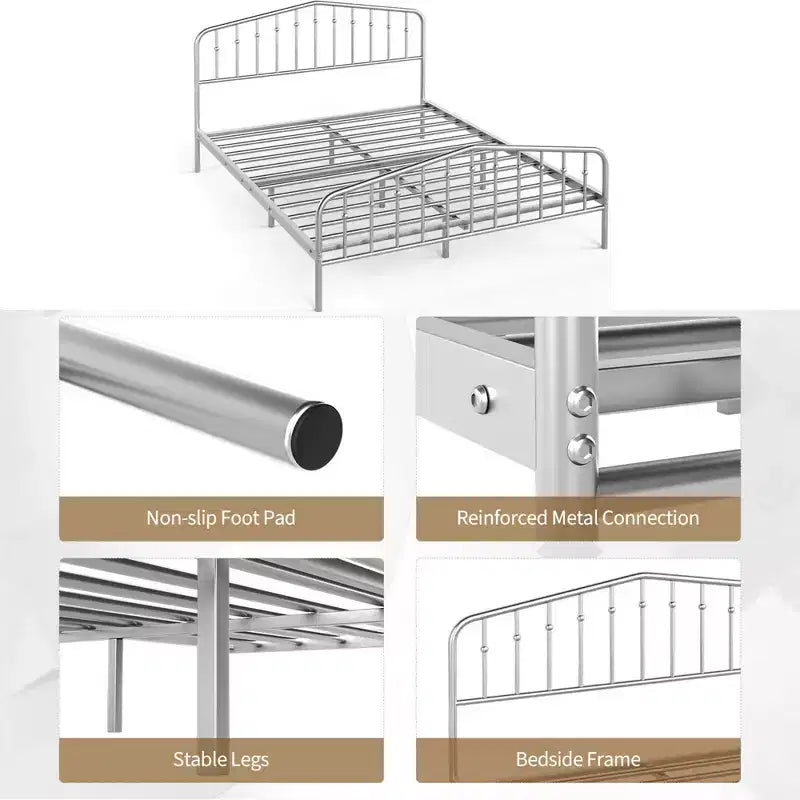 Costway Queen Size Metal Bed Frame Platform Headboard & Footboard W/Storage Sliver