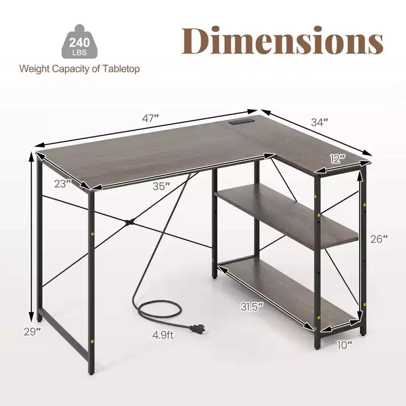 Costway 48'' Reversible L Shaped Computer Desk Home Office Table Adjustable Shelf Brown\Gray\Natural