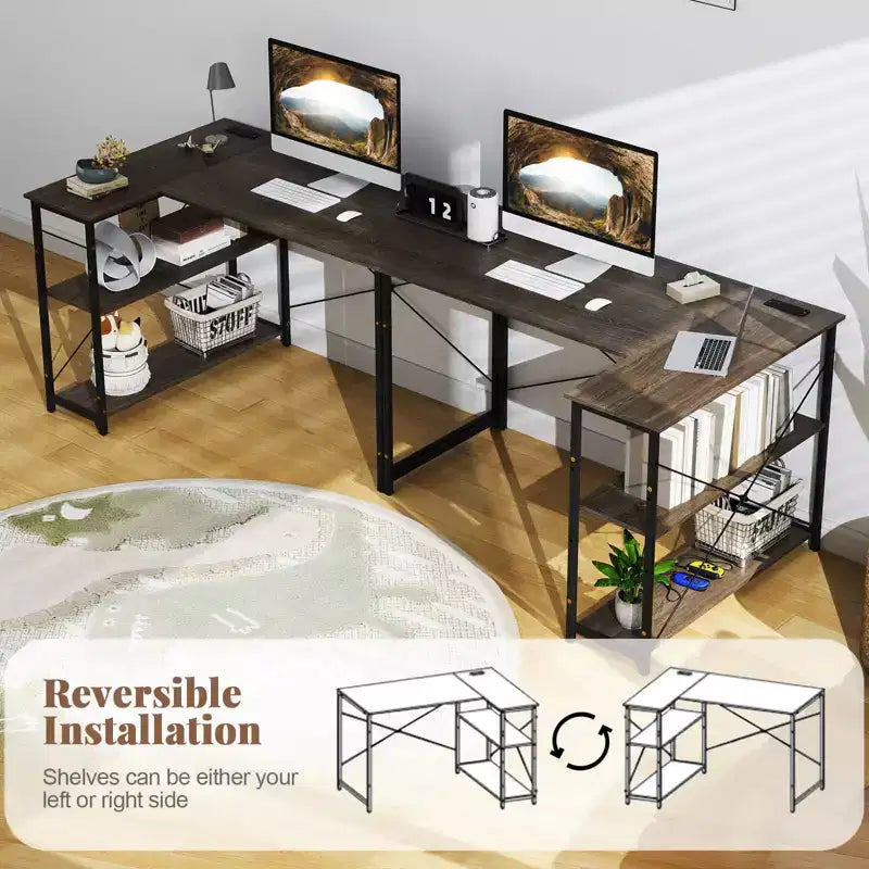 Costway 48'' Reversible L Shaped Computer Desk Home Office Table Adjustable Shelf Brown\Gray\Natural