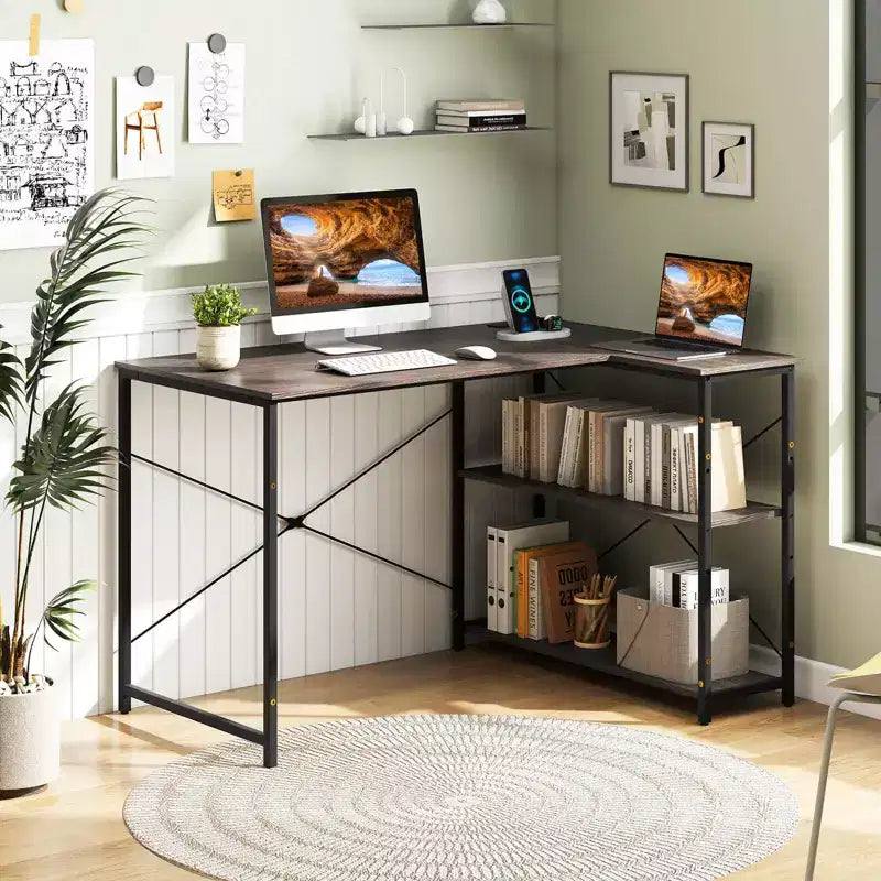 Costway 48'' Reversible L Shaped Computer Desk Home Office Table Adjustable Shelf Brown\Gray\Natural