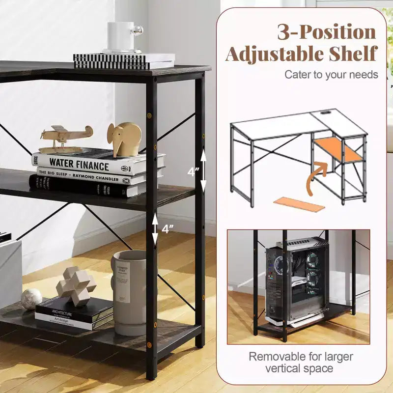 Costway 48'' Reversible L Shaped Computer Desk Home Office Table Adjustable Shelf Brown\Gray\Natural