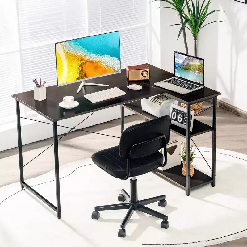 Costway 48'' Reversible L Shaped Computer Desk Home Office Table Adjustable Shelf Brown\Gray\Natural
