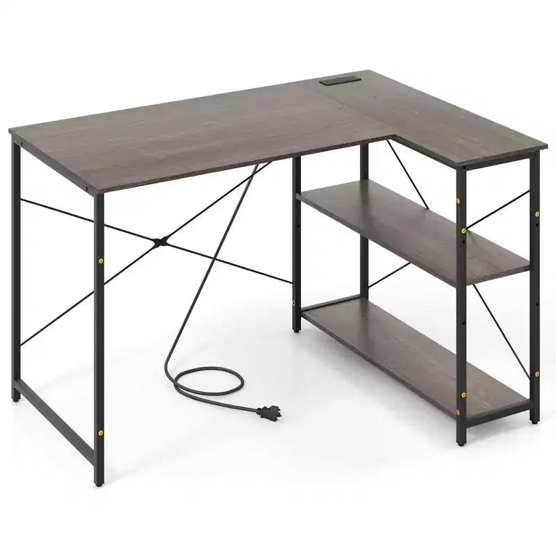 Costway 48'' Reversible L Shaped Computer Desk Home Office Table Adjustable Shelf Brown\Gray\Natural