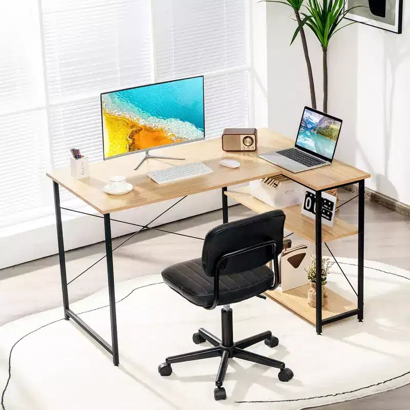 Costway 48'' Reversible L Shaped Computer Desk Home Office Table Adjustable Shelf Brown\Gray\Natural