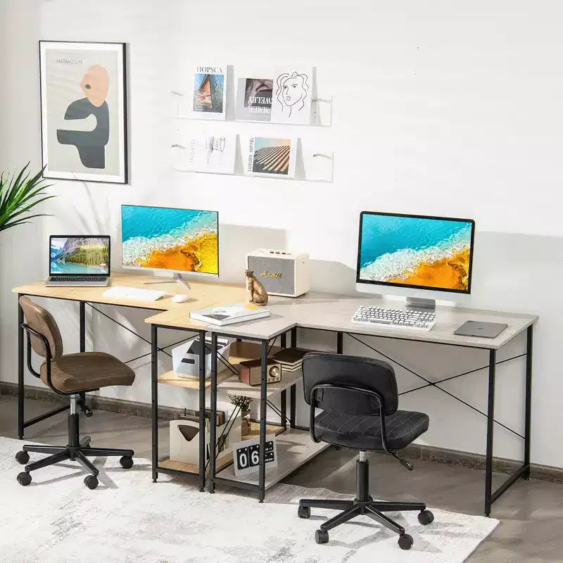 Costway 48'' Reversible L Shaped Computer Desk Home Office Table Adjustable Shelf Brown\Gray\Natural