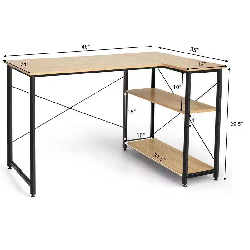 Costway 48'' Reversible L Shaped Computer Desk Home Office Table Adjustable Shelf Brown\Gray\Natural