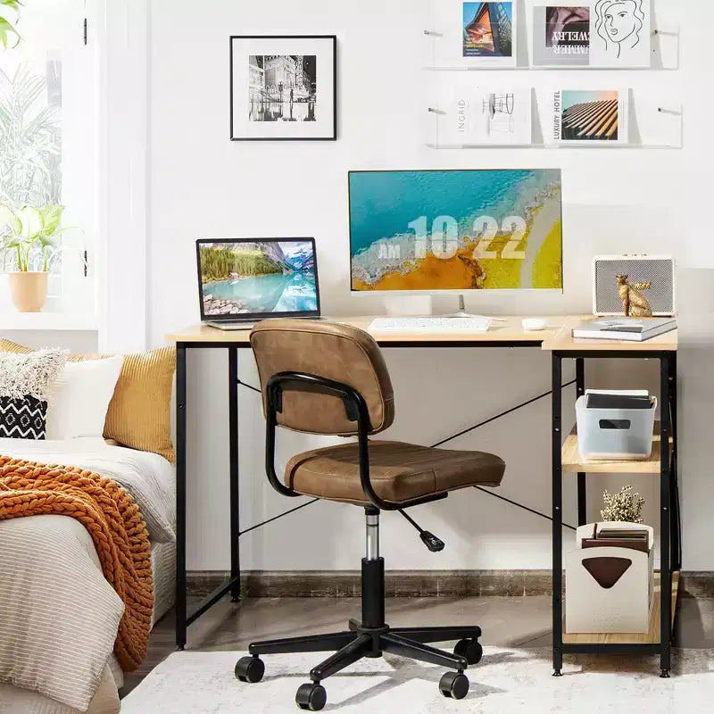 Costway 48'' Reversible L Shaped Computer Desk Home Office Table Adjustable Shelf Brown\Gray\Natural
