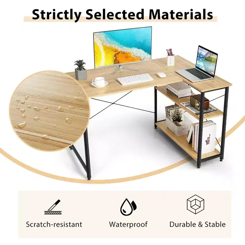 Costway 48'' Reversible L Shaped Computer Desk Home Office Table Adjustable Shelf Brown\Gray\Natural