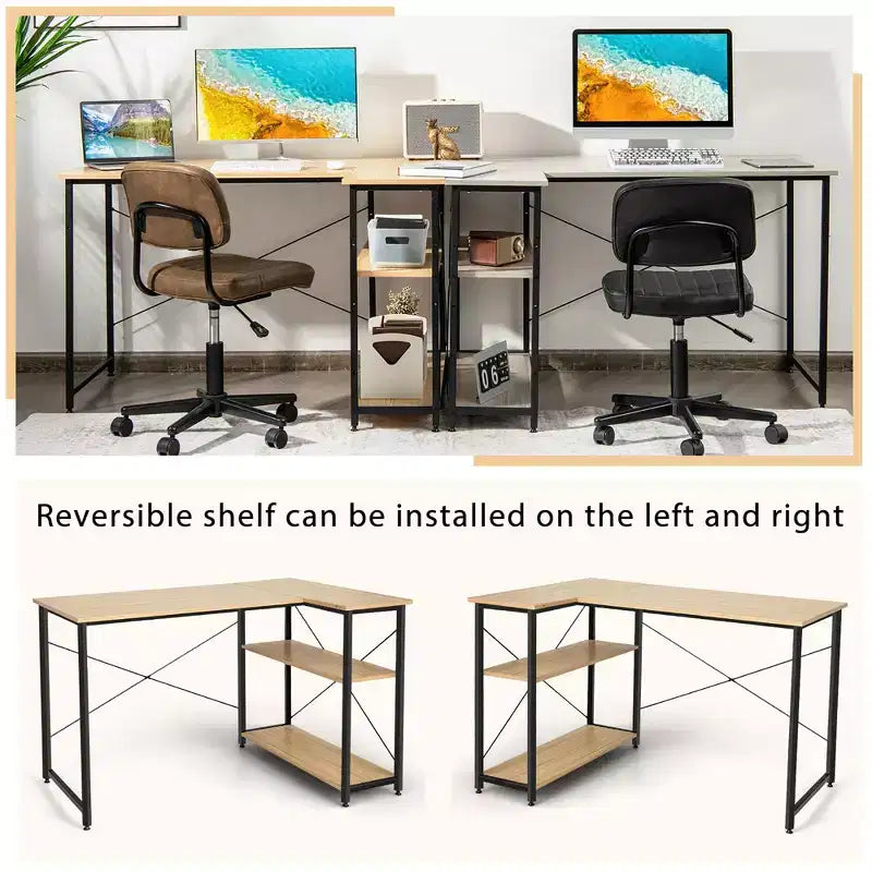 Costway 48'' Reversible L Shaped Computer Desk Home Office Table Adjustable Shelf Brown\Gray\Natural