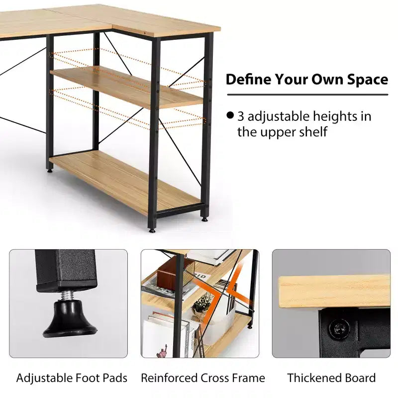 Costway 48'' Reversible L Shaped Computer Desk Home Office Table Adjustable Shelf Brown\Gray\Natural