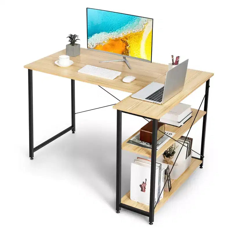 Costway 48'' Reversible L Shaped Computer Desk Home Office Table Adjustable Shelf Brown\Gray\Natural