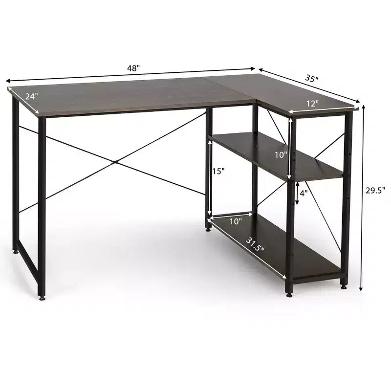 Costway 48'' Reversible L Shaped Computer Desk Home Office Table Adjustable Shelf Brown\Gray\Natural