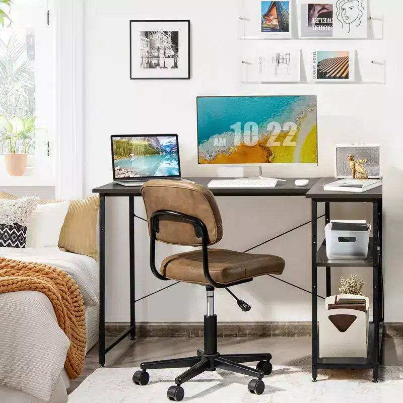 Costway 48'' Reversible L Shaped Computer Desk Home Office Table Adjustable Shelf Brown\Gray\Natural
