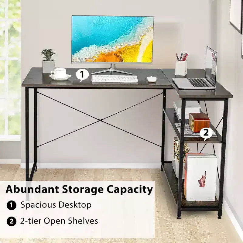 Costway 48'' Reversible L Shaped Computer Desk Home Office Table Adjustable Shelf Brown\Gray\Natural